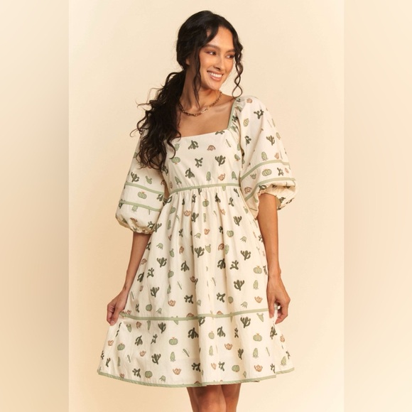 NWT Cactus Print Cottagecore Puff Sleeve Mini Dress Picnic Style S-M-L
